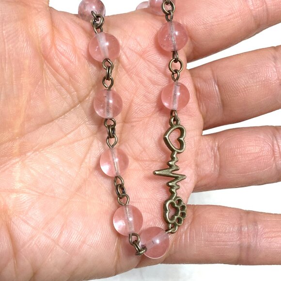 Cute Cherry Quartz Bronze Paw Print Heart Beat Adjustable Pendant Choker - Picture 16 of 16